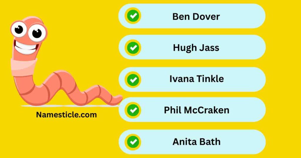 Image with yellow background displaying a list of funny names like Ben Dove