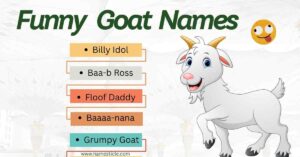 Smiling cartoon goat next to a list of funny goat names